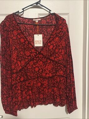 Knox Rose Black and Red Floral V-Neck Long Sleeve Top size XXL